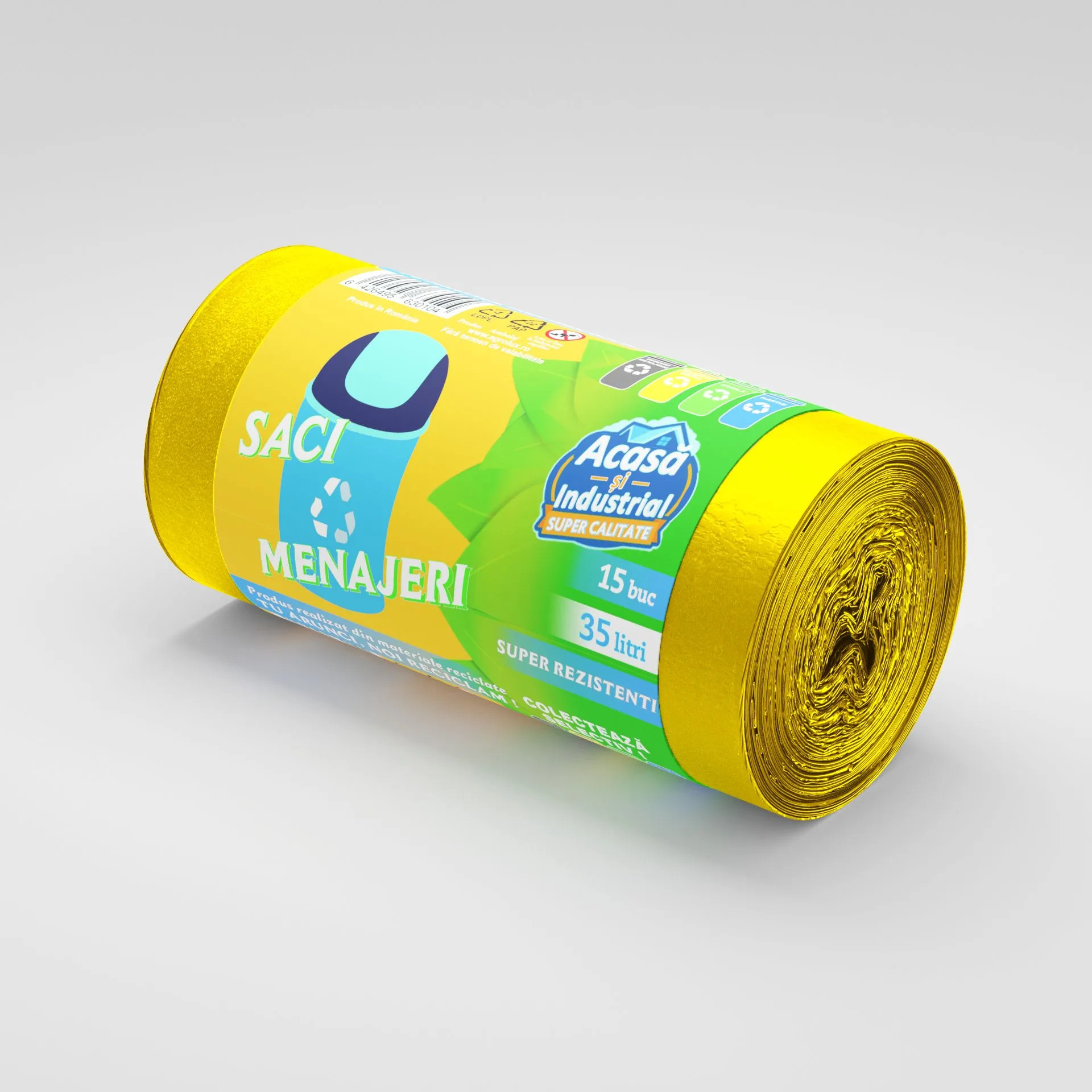 Saci menajeri 35L galben, 15 saci/rola